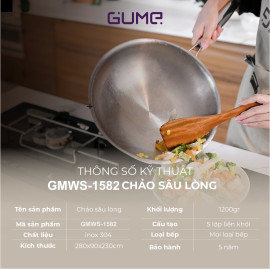 Chảo sâu lòng Inox 304 đúc liền khối 5 lớp GUME Hàn Quốc 28cm, bảo hành 5 năm