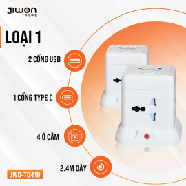 Ổ cắm điện đa năng Jiwon Hàn Quốc 4 lỗ cắm 3 chấu 2500W tích hợp cổng USB, Type C sạc nhanh