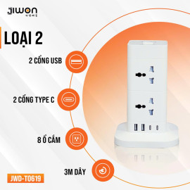 Ổ cắm điện đa năng Jiwon Hàn Quốc 8 lỗ cắm 3 chấu 2500W tích hợp cổng USB, Type C sạc nhanh