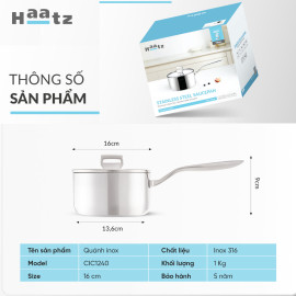 Quánh Inox 316 thân đúc đáy liền Haatz Hàn Quốc size 16cm, bảo hành 5 năm