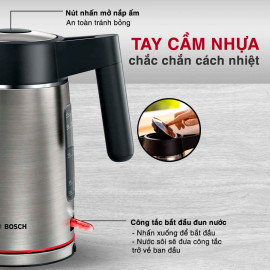 Ấm đun siêu tốc inox Bosch TWK6M480 dung tích 1.7l, công suất 2400W hàng Đức