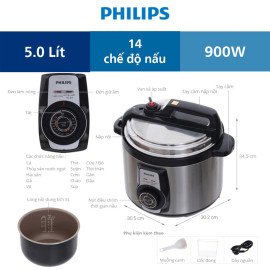 Nồi áp suất điện Philips HD2103/66 dung tích 5L, 14 chức năng nấu, chuẩn Châu Âu