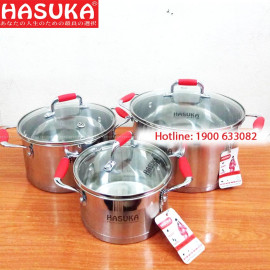 Bộ 3 nồi 5 đáy Inox cao cấp 304 Hasuka nắp kính dùng bếp từ