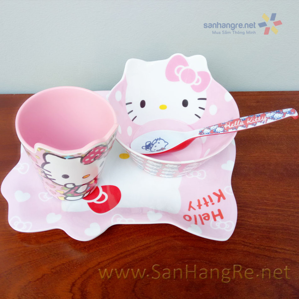 Bộ đồ dùng ăn hình Hello Kitty hồng cho bé hàng xuất Nhật 02