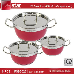 Bộ 3 nồi Inox 430 Fivestar 3 đáy quai vuông sắc màu hồng FSB3026 - Hàng chính hãng, bảo hành 5 năm