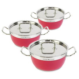 Bộ 3 nồi Inox 430 Fivestar 3 đáy quai vuông sắc màu hồng FSB3026 bảo hành 5 năm