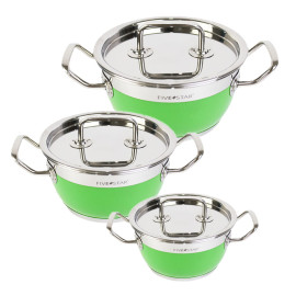 Bộ 3 nồi Inox 430 Fivestar 3 đáy quai vuông sắc màu xanh lá FSB3025, bảo hành 60 tháng