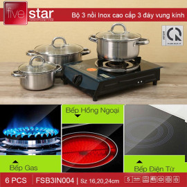 Bộ 3 nồi inox 3 đáy nắp kính Fivestar FSB3IN004 dùng bếp từ - Bảo hành 5 năm
