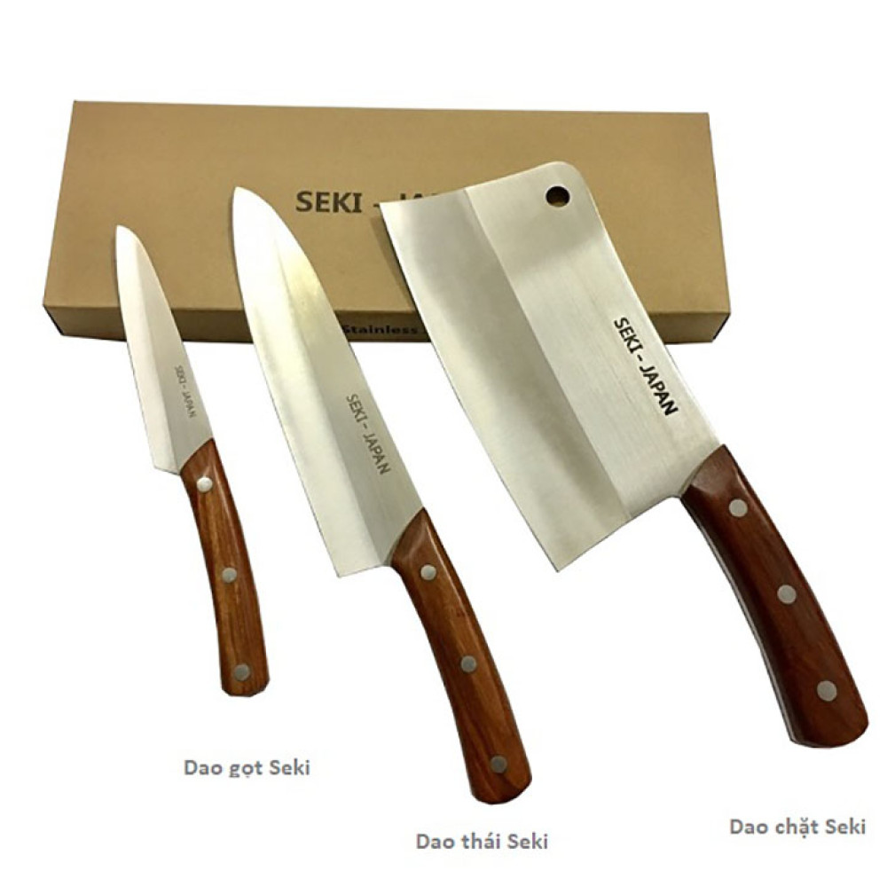 Bộ 3 dao lưỡi thép cán gỗ siêu sắc SEKI Nhật Bản