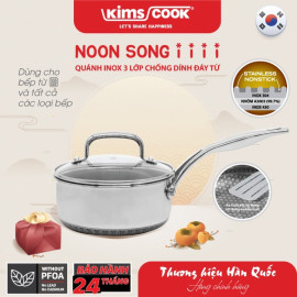 Quánh chống dính 18cm Inox 304 Kims Cook Noon Song 2 mặt 3 lớp đúc liền đáy từ nắp kính