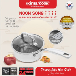 Quánh chống dính 18cm Inox 304 Kims Cook Noon Song 2 mặt 3 lớp đúc liền đáy từ nắp kính