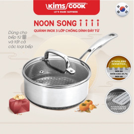 Quánh chống dính 18cm Inox 304 Kims Cook Noon Song 2 mặt 3 lớp đúc liền đáy từ nắp kính