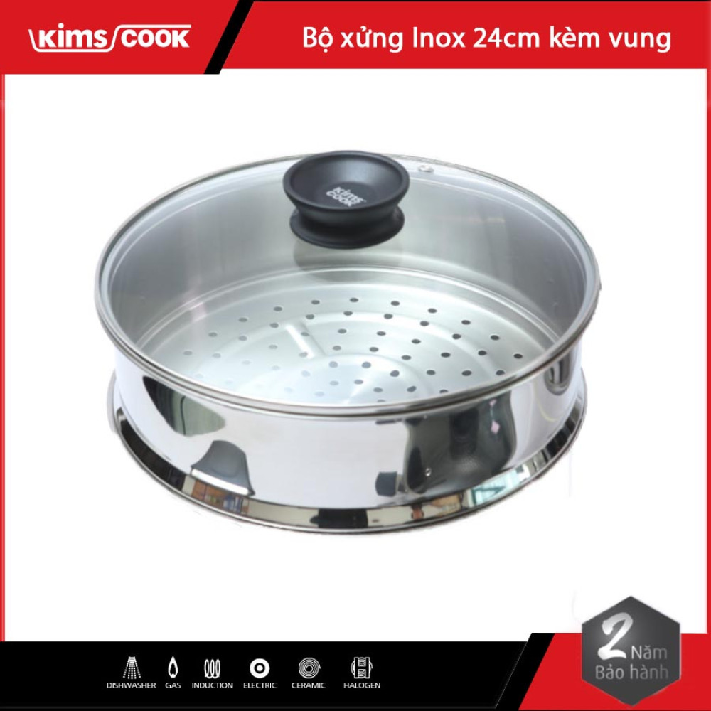 Xửng hấp Inox 304 Kims Cook Hàn quốc size 24, kèm vung kính cao cấp - Hàng chính hãng