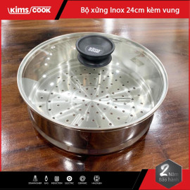 Xửng hấp Inox 304 Kims Cook Hàn quốc size 24, kèm vung kính cao cấp - Hàng chính hãng