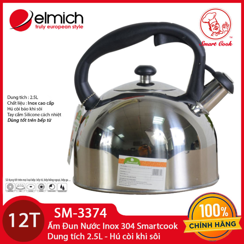 Ấm đun nước Inox 304 Elmich Smartcook 2.5L SM3374 hú còi sôi, dùng bếp từ bảo hành 12 tháng