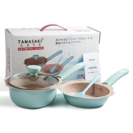 Bộ nồi chảo chống dính Baby Tamasaki Nhật Bản 16cm kèm thìa dùng bếp từ - Màu xanh
