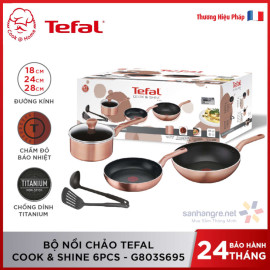 Bộ nồi và 2 chảo nhôm chống dính Tefal Cook&Shine G803S695 tặng 1 vá canh và 1 sạn chiên
