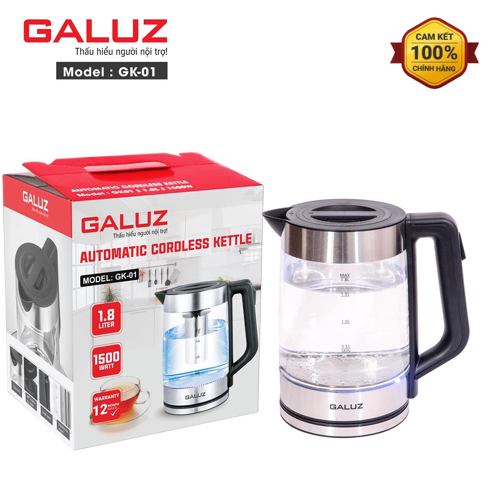 Ấm điện siêu tốc thủy tinh kiêm bình pha trà Galuz GK-01 dung tích 1.8 lít - Hàng chính hãng, bảo hành 12 tháng