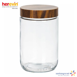 Hũ thủy tinh Herevin tròn trơn nắp Woody 1000ml - Xuất xứ Thổ Nhĩ Kỳ