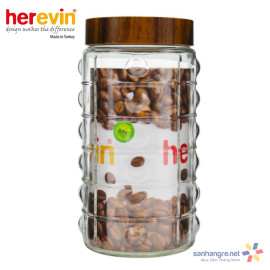 Hũ thủy tinh Herevin tròn sọc gờ nổi nắp Woody 2000ml - Xuất xứ Thổ Nhĩ Kỳ