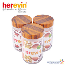 Hũ thủy tinh Herevin tròn trơn nắp Woody 660ml - Xuất xứ Thổ Nhĩ Kỳ