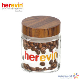 Hũ thủy tinh Herevin vuông trơn nắp Woody 1000ml - Xuất xứ Thổ Nhĩ Kỳ
