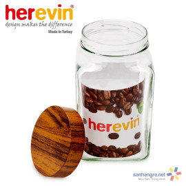 Hũ thủy tinh Herevin vuông trơn nắp Woody 2000ml - Xuất xứ Thổ Nhĩ Kỳ