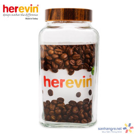 Hũ thủy tinh Herevin vuông trơn nắp Woody 3000ml - Xuất xứ Thổ Nhĩ Kỳ