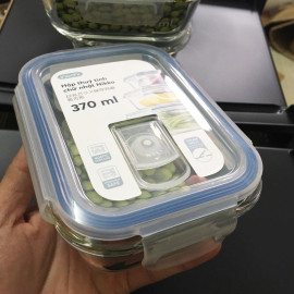 Hộp thủy tinh chữ nhật kháng khuẩn Inochi Nikko 370ml, nắp hít chân không, hàng xuất Nhật