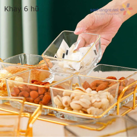 Bộ khay Mứt Tết và 6 hũ thủy tinh đựng bánh kẹo hạt kim loại mạ vàng