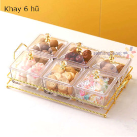 Bộ khay Mứt Tết và 6 hũ thủy tinh đựng bánh kẹo hạt kim loại mạ vàng