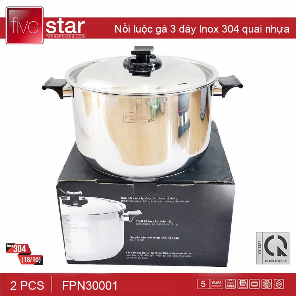 Nồi luộc gà 3 đáy Inox 304 Fivestar Plus 30cm quai nhựa nắp inox bảo hành 12 tháng