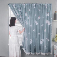 Rèm cửa dán tường 2 lớp xanh thâm màu kèm họa tiết kích thước 0,8x1,5m