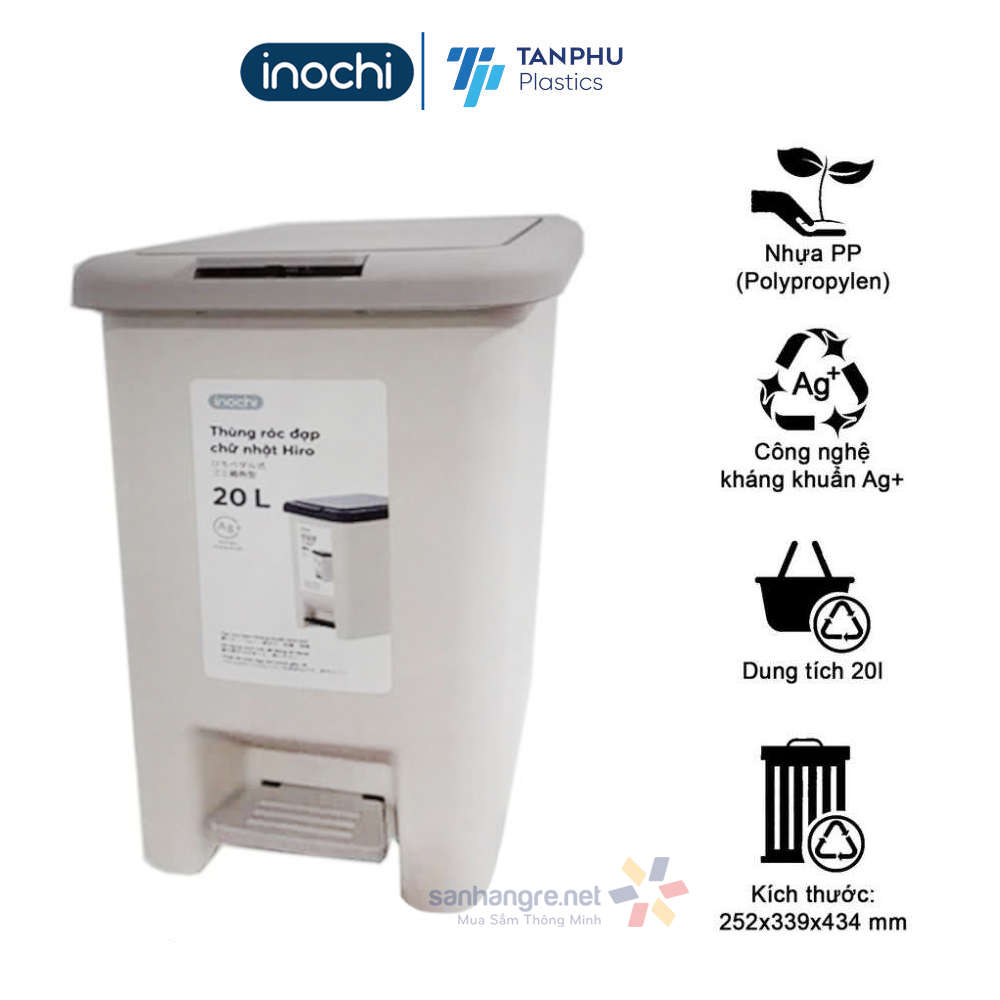 Thùng rác nhựa đạp chữ nhật Inochi Hiro 20 lít hàng xuất Nhật kèm giỏ ...