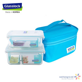 Bộ hộp thủy tinh chia ngăn 1000ml, hộp 695ml và túi giữ nhiệt Glasslock xanh