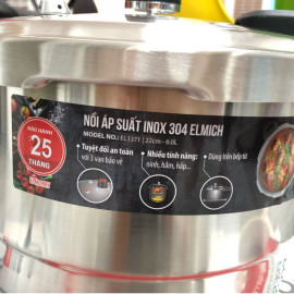 Nồi áp suất 3 đáy Inox 304 Elmich 22cm dung tích 5.5L EL3371 dùng bếp từ kèm xửng hấp