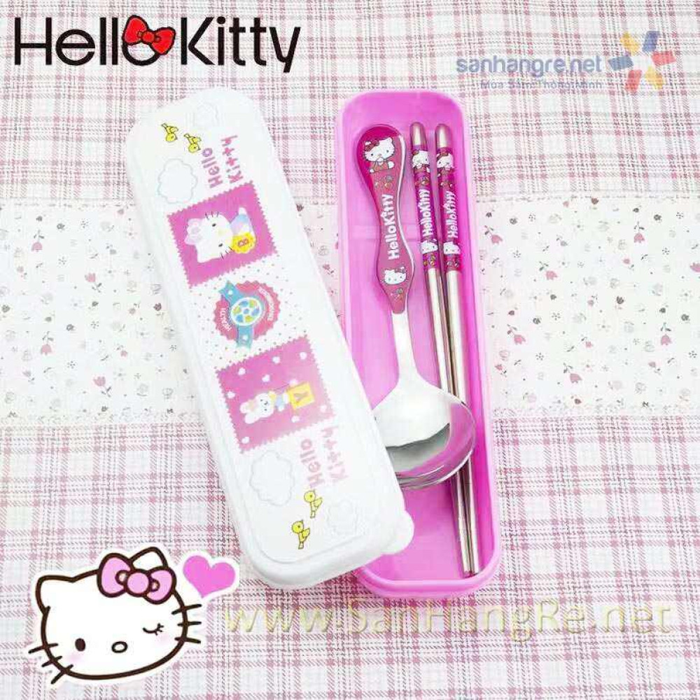 Bộ hộp đũa thìa Inox cao cấp hình Hello Kitty Hàn Quốc