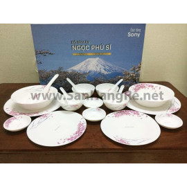 Bộ 19 món bát đĩa thìa Ngọc Phú Sĩ hoa đào Nhật Bản - Sony