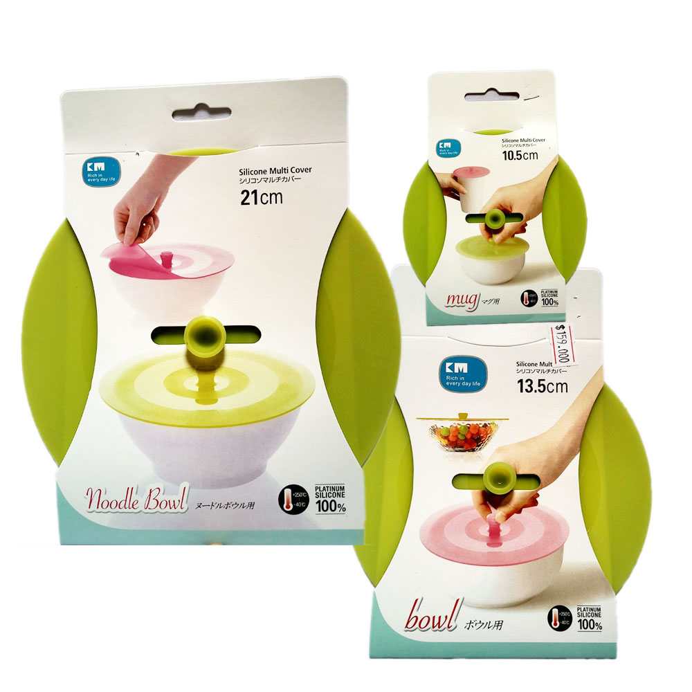Bộ 3 nắp đậy tô, bát, cốc Silicon có nún KM hàng Nhật - Xanh lá