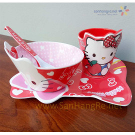 Bộ đồ dùng ăn hình Hello Kitty đỏ cho bé hàng xuất Nhật 02