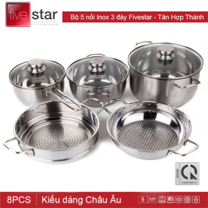 Bộ 5 nồi Inox 3 đáy Fivestar nắp kính Tân Hợp Thành dùng bếp từ, bảo hành 5 năm