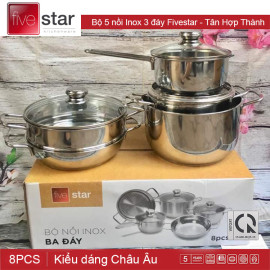 Bộ 5 nồi Inox 3 đáy Fivestar nắp kính Tân Hợp Thành dùng bếp từ, bảo hành 5 năm