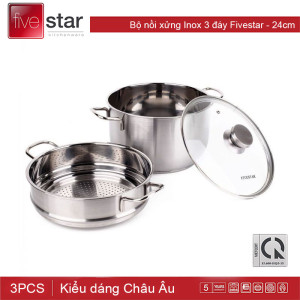 Bộ nồi xửng hấp Inox 3 đáy Fivestar 24cm nắp kinh dùng bếp từ, bảo hành 5 năm
