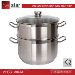 Bộ nồi xửng hấp Inox 3 đáy Fivestar 30cm dùng bếp từ nắp kính. bảo hành 60 tháng