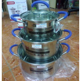 Bộ 3 nồi Inox 16 - 20 - 24cm Hasuka Nhật Bản nắp kính dùng bếp từ - Bảo hành 12 tháng
