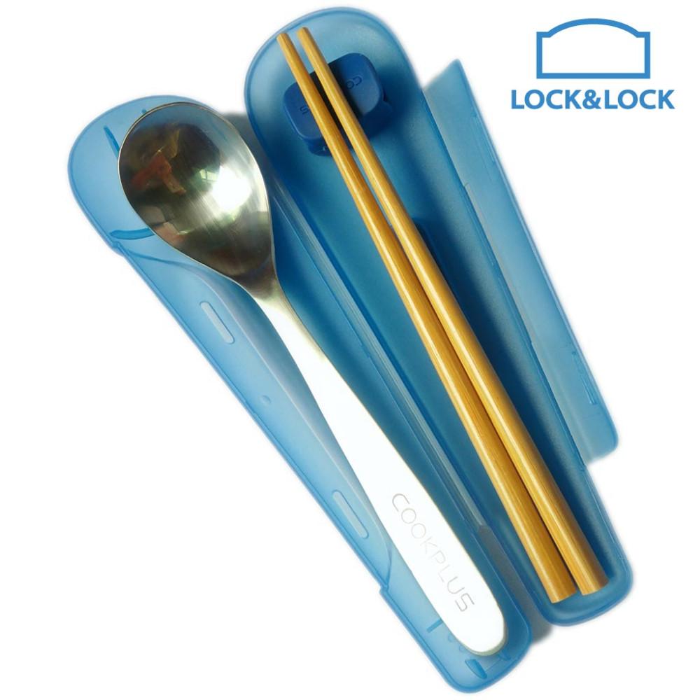 Bộ đũa tre, thìa Inox và hộp đựng Lock&lock HPL103BLU màu xanh