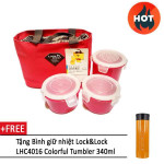 Bộ 3 hộp đựng cơm, túi giữ nhiệt HAF100R3 (đỏ) và bình giữ nhiệt Lock&Lock LHC4016 (cam)