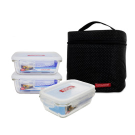 Bộ túi giữ nhiệt và 3 hộp cơm thuỷ tinh chịu chiệt Lock&Lock dung tích 430ml LLG424S3T