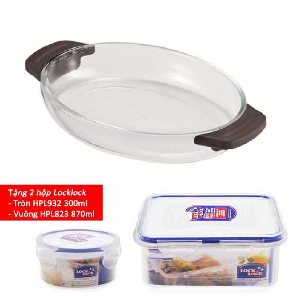 Khay thủy tinh nấu lò vi sóng, lò nướng Lock&lock Glass LLG547 (Tặng 2 hộp nhựa đựng thức ăn)