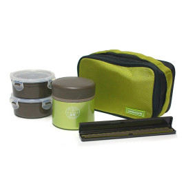 Bộ hộp đựng cơm Inox 304 giữ nhiệt và túi Lock&lock LHC938 450ml xanh lá (Kèm đũa)